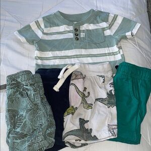 Striped Green Toddler Shirt and Dinosaur Shorts Set